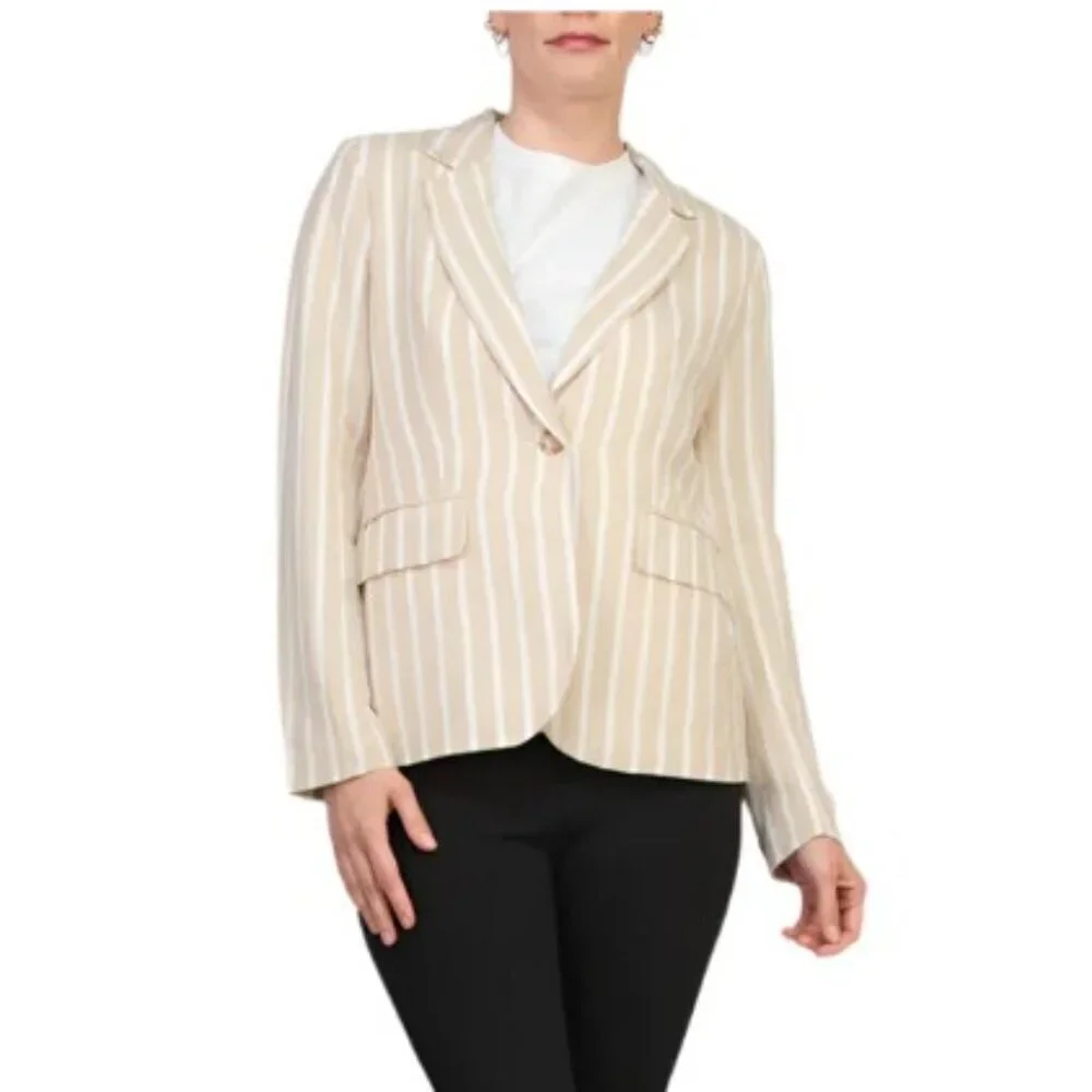 NEW Philosophy SZ L Stripe Notch Collar Long Sleeve Linen Blend Blazer Tan - Picture 4 of 12